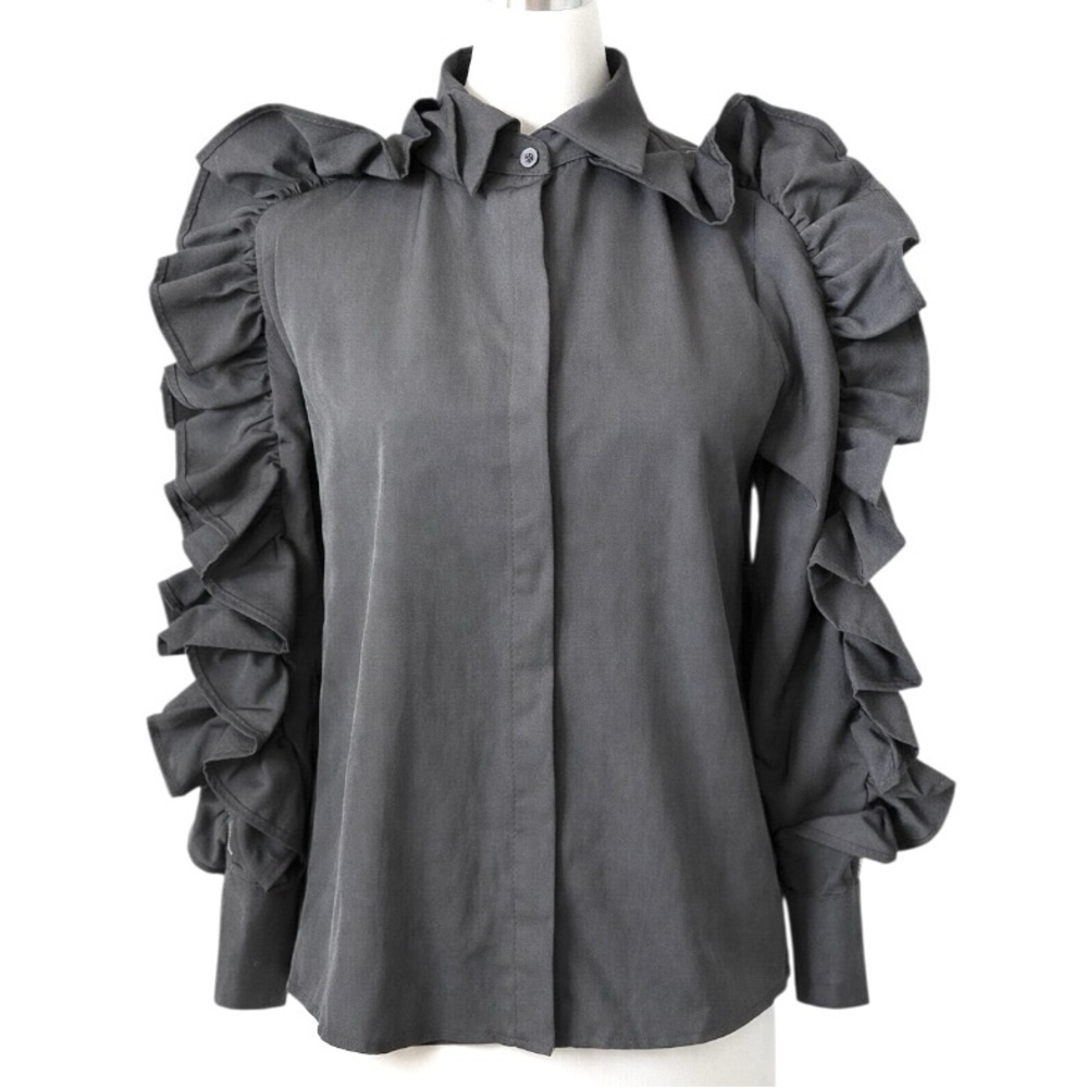 Dramatic Black Zip Ruffle Sleeve Top - Picture 9 of 12